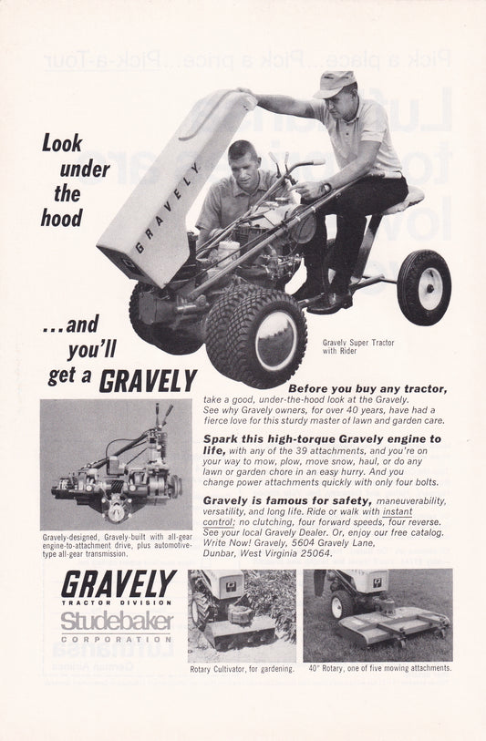 1966 Original Vintage Magazine Ad - Gravely Tractor Studebaker - Look Under the Hood Lawnmower