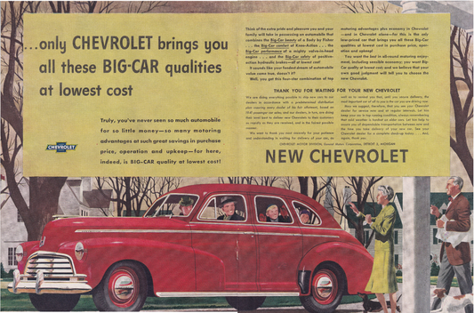1946 Original Vintage Automobile Magazine Ad - Rare Americana - Chevy Big Car Quality